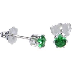 Sterling Silver 3mm Green (May) Cubic Zirconia Stud Earrings