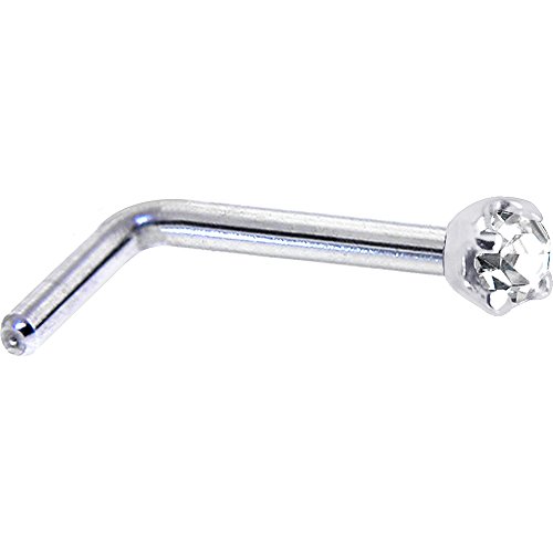 Solid 14KT White Gold 2mm Clear Cubic Zirconia L-Shaped Nose Ring - 20 Gauge