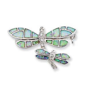 Sterling Silver Created Opal Dragonflies Pin