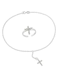 Sterling Silver Toe Ring and Chain Anklet with Cubic Zirconia Cross Drop, 10"
