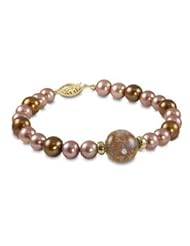 14K dyed pink and chocolate freshwater cultured pearl and Murano bead bracelet, 7.5"
