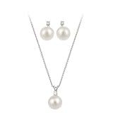 Sterling Silver Simulated Faux Pearl with Cubic Zirconia Top Earrings and Pendant, 18, Set