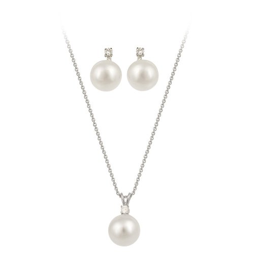 Best Sterling Silver Simulated Pearl with Cubic Zirconia Top Earrings and Pendant, 18″, Set Guides