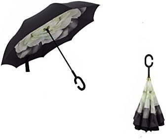 Innovative New Reverse Umbrella, Double Layer Inverted Umbrella, Mysj Creative Cars Reverse Umbrella Straight Waterproof And Self Standing Inside Out Compact Travel Umbrella With "C" Handle (Gardenia)