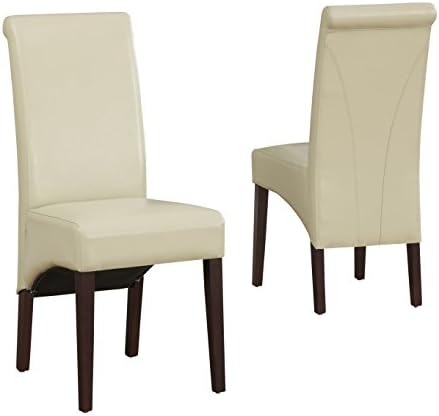 SIMPLIHOMEAvalon Deluxe Parson Dining Chair (Set of 2), Satin Cream Faux Leather and SOLID WOOD, Square, Upholstered, For the Dining Room, Transitional Modern