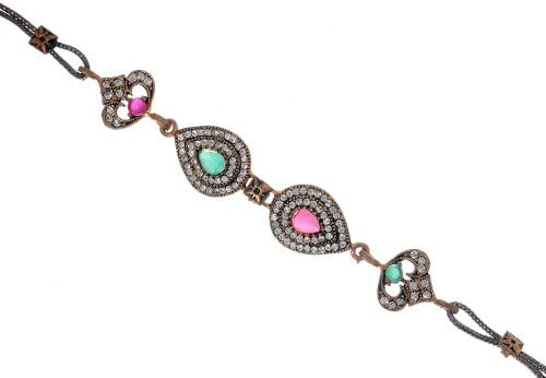 Antique Diamond Accent Two Head Pear Drop Shape Ruby Emerald Gemstone Filigree Floral Chain Vintage Hurrem Sultan Bracelet