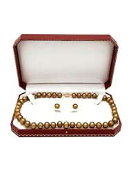 10-11mm Chocolate Freshwater Pearl Necklace and 9-9.5mm Stud Earrings Set with 14K Yellow Gold in Gift Box SET-583Y