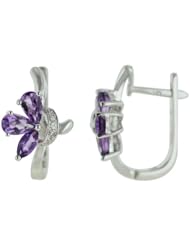 14K White Gold 1.1ct Triple Leaf Diamond & Amethyst Huggie Post Earrings