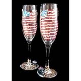 America s Flag Design - Hand Painted - Set of 2 - Champagne Flutes - 6 oz. 8.75 tall