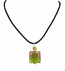 Necklace - N156 - Murano Style Glass Pendant - Square ~ Lt. Amethyst and Lime Green on Velvet Flock Cord