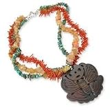 .925 Silver, Turquoise, Red Coral and Carnelian Necklace with Carved Stone Pendant- 16