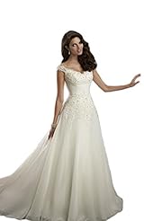 A-line Applique Lace-Up Beaded Full Length Organza Off the Shoulder Wedding Dress  with a Brush/Sweep Train 