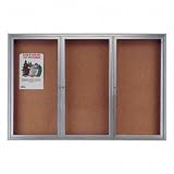 Enclosed Cork Bulletin Board with 3-Doors, Aluminum Frame, 72