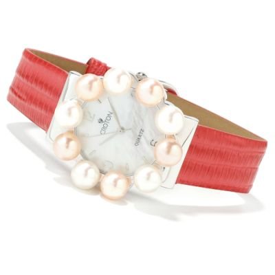Croton Women's Freshwater Cultured Pearl Bezel Leather Strap Watch