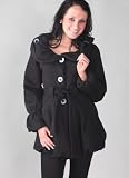 WOMENS MILITARY BLACK WINTER WARM COAT BUTTON RUFFLE COLLAR MID LENGTH JACKET BELT LADIES SIZE 8 - 14