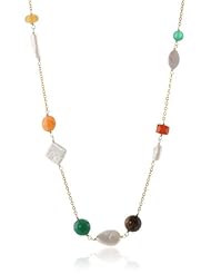 Multi-Shape White Freshwater Cultured Pearls and Multi-Gemstones Gold over Silver Victorian Box Chain Necklace, 21"