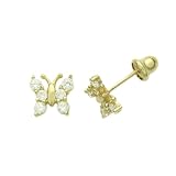 14K Gold Stud Earring CZ Small Butterfly Yellow Gold Earring With Screw Back For Kids and Teens