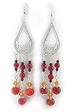 Filigree Chandelier Sterling Silver Hook Earrings Beaded with Genuine Carnelian, Black Onyx, and Orange Crystal Gift Boxed