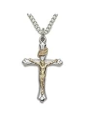 .925 Sterling Silver Crucifix Pendant Necklace in a 2-Tone Design Catholic Jewelry Crucifix Pendant Necklaces Gift Boxed w/Chain Necklace 18" Length Gift Boxed