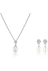 AuraPearl Sterling Silver White Oval Freshwater Cultured Pearl with Swarovski Zirconia Pendant Necklace and Earrings Jewelry Set