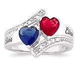 Sterling Silver Couples Birthstone Hearts Diamond Name Ring