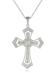 Sterling Silver Milgrain Cross Diamond Pendant Necklace (1/5 cttw, I-J Color, I3 Clarity), 18"