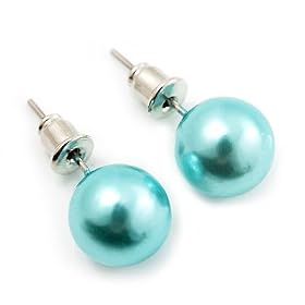 Aqua Blue Lustrous Faux Pearl Stud Earrings (Silver Tone Metal) - 9mm Diameter: Jewelry