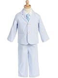 Boys’s 4 – Piece Striped Seersucker Boy’s Suit in Light Blue With A Lined Suit Jacket, Elastic Waist Slacks, Short Sleeve Dress Shirt and Long Tie