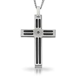 Cross Necklace in Stainless Steel with Double Black Cable Inlay and Genuine .05ct Black Diamond. Includes 22 Stainless Steel Curb Chain