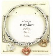Silver Inspirational Stretch Bracelet. Multi Tone Love Heart Charms. Includes Bookmark "Always in My Heart, Purity, Trust, Love.."