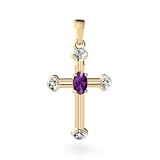 14K Yellow Gold Genuine Oval Amethyst and Diamond Cross Pendant