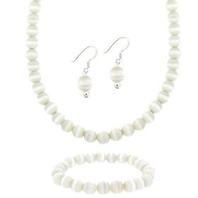 Sterling Silver 8mm White Glass Cats Eye Stone Bead Beaded Dangle Hook Earrings Stretch Bracelet Necklace 15-19