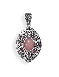 Peruvian Pink Opal Pendant with Rhodolite Marquise Shape Antique Vintage Look Sterling Silver