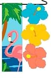Tropical Paradise Pink Flamingo Hibiscus Flowers Sculpted Artistic Garden Flag