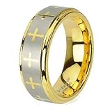 8MM Gold Plated Tungsten Ring with Brushed Top Layer and Crosses Around Band
