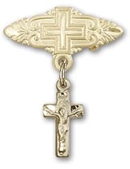 Gold Filled Baby Badge with Crucifix Charm and Badge Pin with Cross
