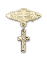 14K Gold Baby Badge with Crucifix Charm and Badge Pin with Cross