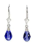 14k White Gold Tanzanite 9x6mm Swarovski Crystal Pear Drop Leverback Earrings - Measures 29x6mm