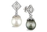 12mm South Sea Pearl, Tahitian Pearl and 1 1/3 Carat Diamond Drop Earrings 18K White Gold