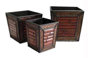 Square Planters w/ Bamboo Plank & Rattan Weave Set of 3