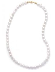 MMA Silver - 24 inch 7-7.5mm Grade AA Cultured Akoya Pearl Necklace individually knotted with a 14K Yellow Gold Clasp