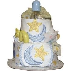 Click here to buy 2 Tier Blue Moon and Stars Baby Diaper Cake by Baby Cakes.