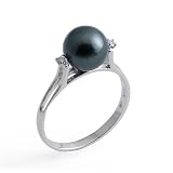 Tahitian Black Pearl Ring with Diamond in 14K White Gold