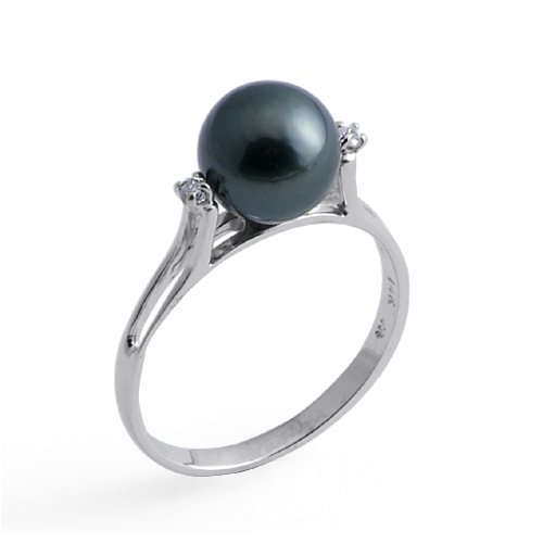 Tahitian Black Pearl Ring with Diamond in 14K White Gold