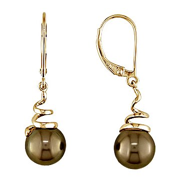 14K Yellow Gold 8-8.5mm Brown Pearl Spiral Drop Lever Back Earrings