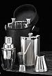 10 Piece Set Cocktail Accessories 3 Flasks, Shaker, Jigger, Stirrer w/ 4 Cups in Black Leather Case