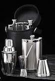 10 Piece Set Cocktail Accessories 3 Flasks, Shaker, Jigger, Stirrer w/ 4 Cups in Black Leather Case
