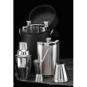 Click here to buy 10 Piece Set Cocktail Accessories 3 Flasks, Shaker, Jigger, Stirrer w  4 Cups in Black... by Simple Luxuries.