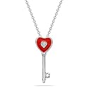 10k White Gold & Red Enamel Heart Key Pendant (.01 cttw, I-J Color, I2-I3 Clarity), 18"