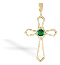 14K Yellow Gold Round Created Emerald Cross Pendant